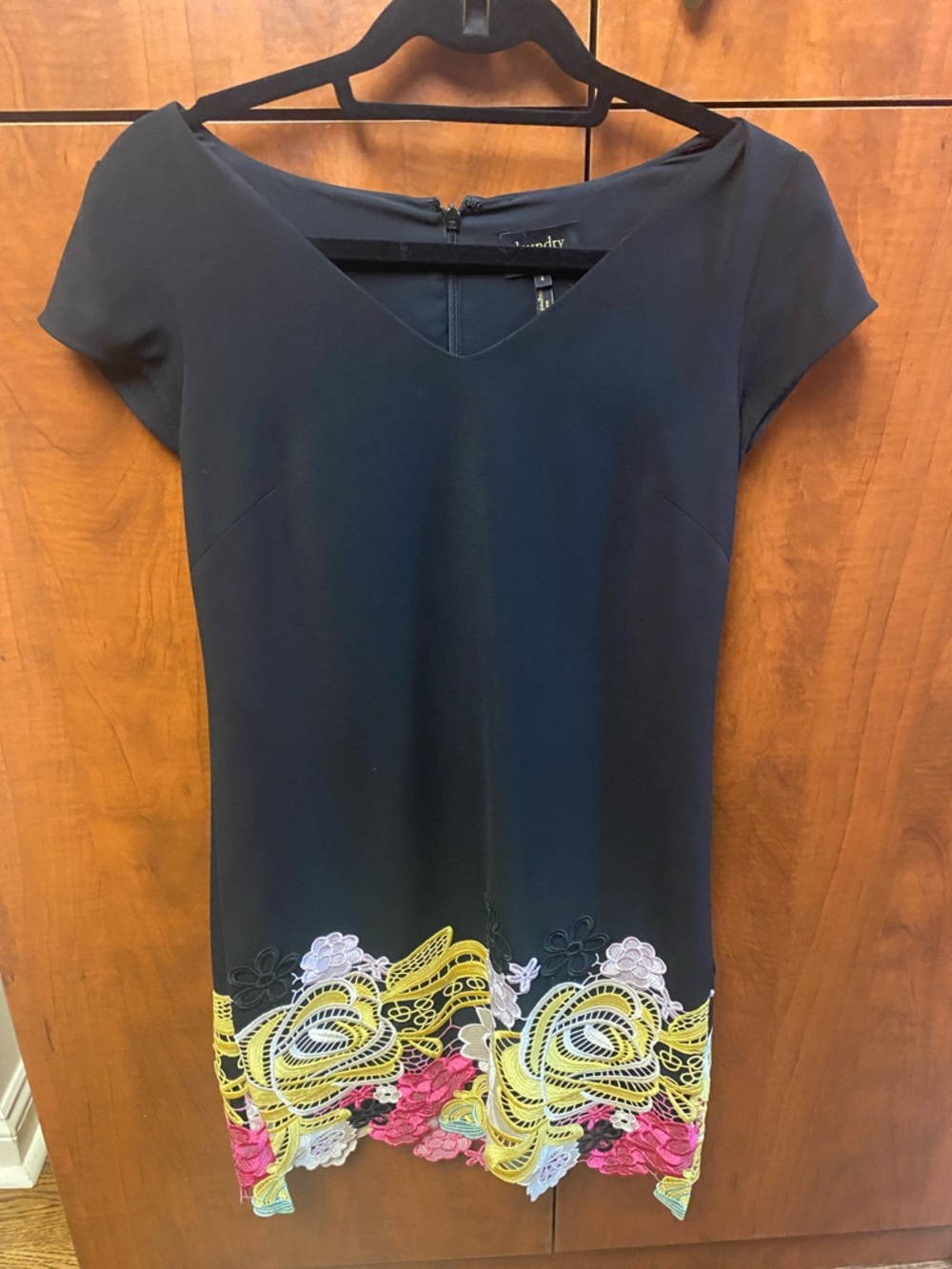 SZ 4 Laundry By Shelli Segal Black Mini Dress with Yellow Pink Floral Trim